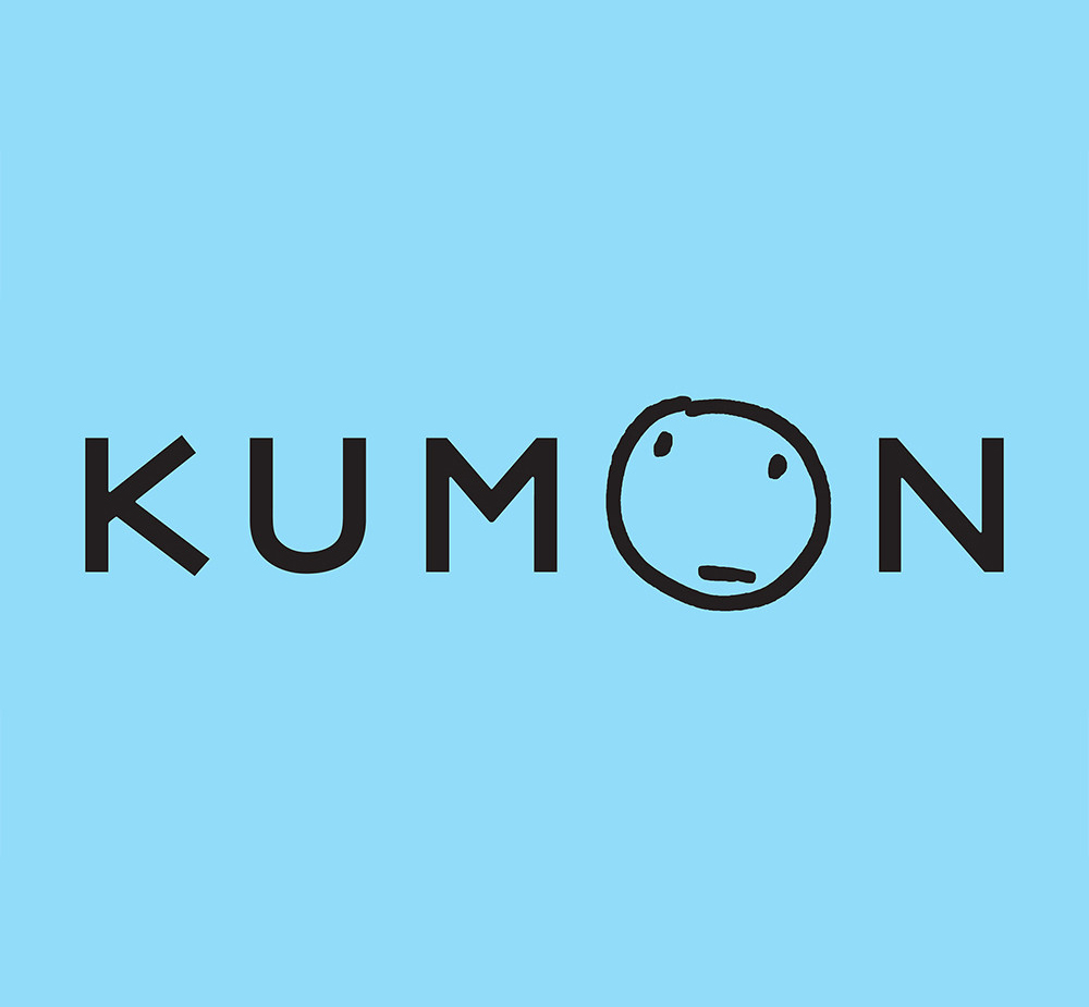 Kumon logo featuring the word 'KUMON' in black text against a light blue background, accompanied by a simple, hand-drawn round face with a 'thinking face' expression.