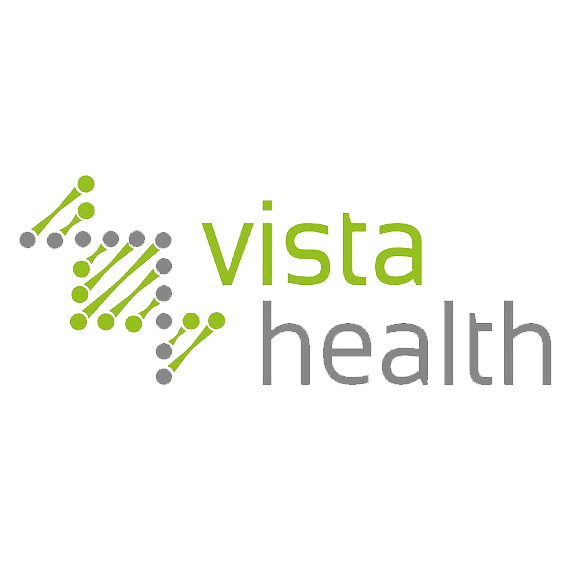 Logo of Vista Health featuring green and gray dots, depicting DNA icon, and the words 'vista health'